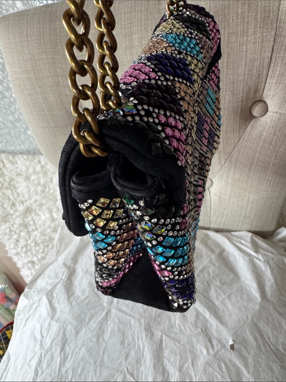Kurt Geiger Studded Multicolor Quilted Shoulder Bag with Gold Chain - Picture 3 of 7